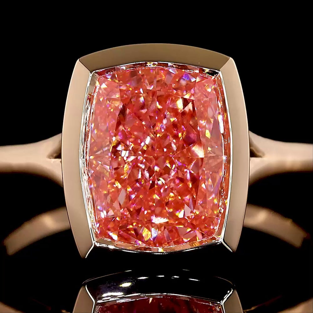14K Rose Gold Cushion Cut Bezel Set Fancy Vivid Pink Lab Diamond Special Ring - 3.13 Carat Total Weight with IGI Certification - Covaloro Fine Jewelry