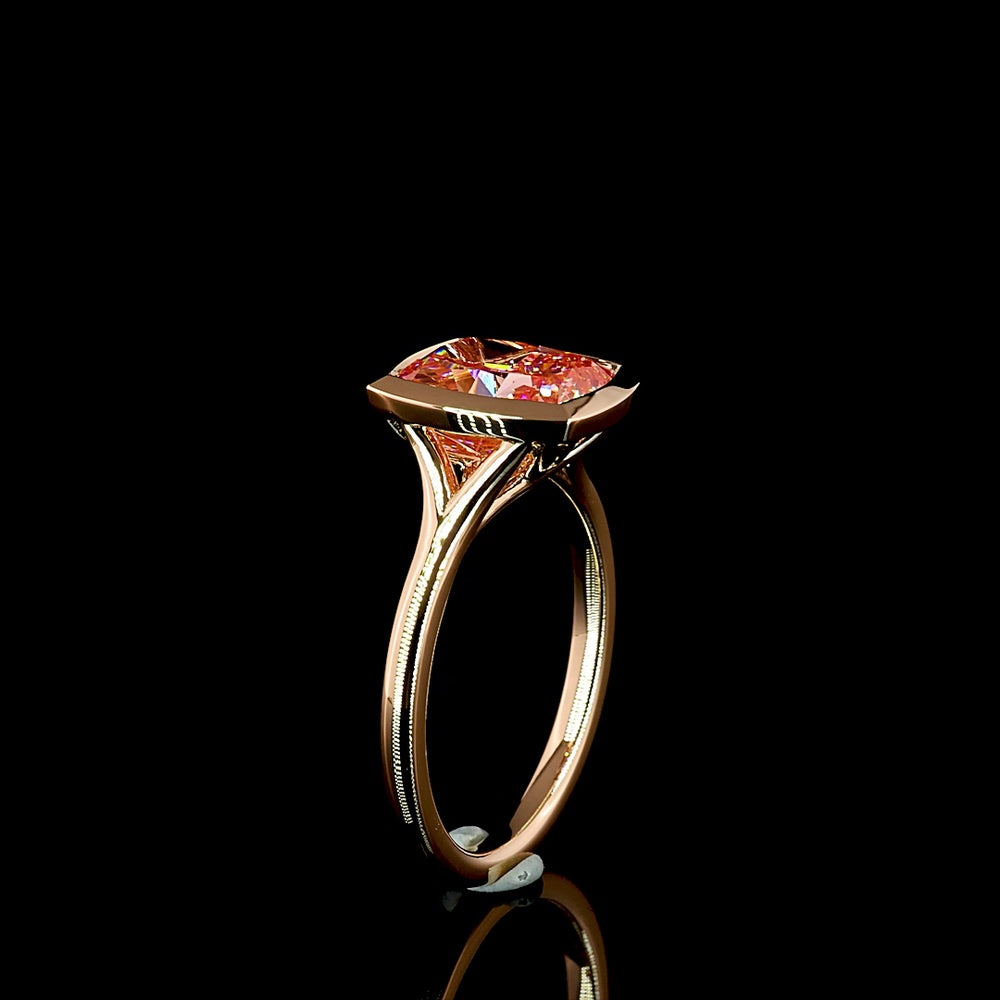14K Rose Gold Cushion Cut Bezel Set Fancy Vivid Pink Lab Diamond Special Ring - 3.13 Carat Total Weight with IGI Certification - Covaloro Fine Jewelry