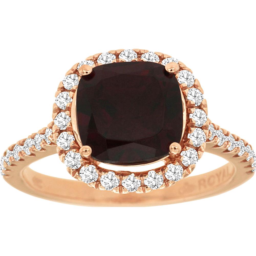 14K Rose Gold Cushion Cut Garnet and Diamond Halo Ring - 2.75 Carat Garnet with 0.60 Carat Total Diamond Weight - Royal Jewelry