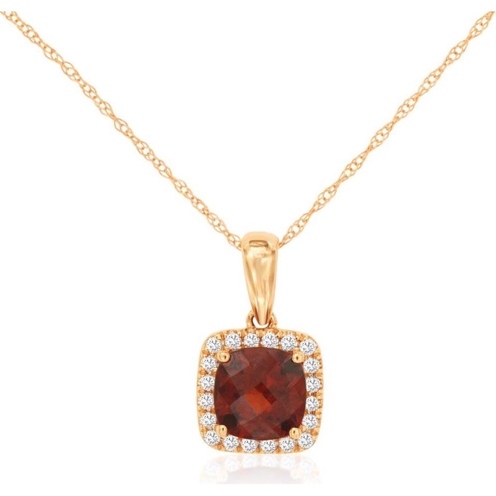 14K Rose Gold Cushion Cut Garnet Pendant with Diamond Halo - 1.20 Carat Garnet and 0.11 Carat Total Diamond Weight - Royal Jewelry
