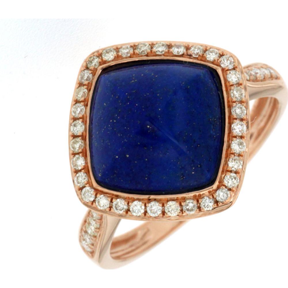 14K Rose Gold Cushion Cut Lapis Ring with Diamond Halo and Diamond Accents - 3.90 Carat Lapis & 0.28 Carat Total Diamond Weight - Royal Jewelry