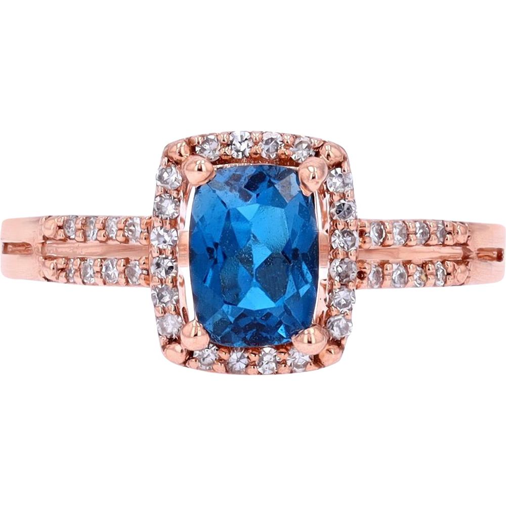 14K Rose Gold Cushion-Cut London Blue Topaz Halo Ring with Pavé Diamond Split Shank - 0.17 Carats Total Diamond Weight