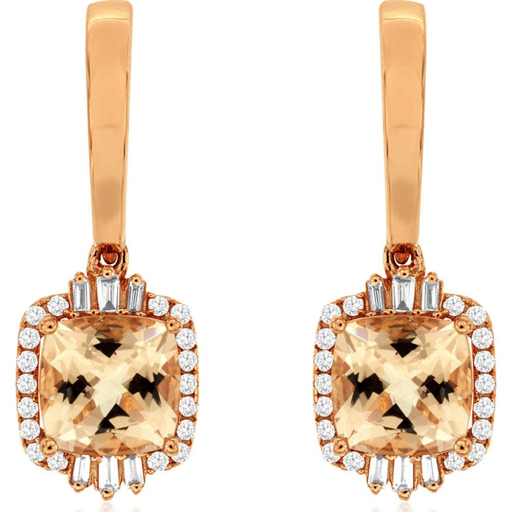 14K Rose Gold Cushion Cut Morganite and Diamond Halo Drop Earrings with Baguette Accents - 2.50 Carat Total Morganite Weight, 0.29 Carat Total Diamond Weight - Royal Jewelry