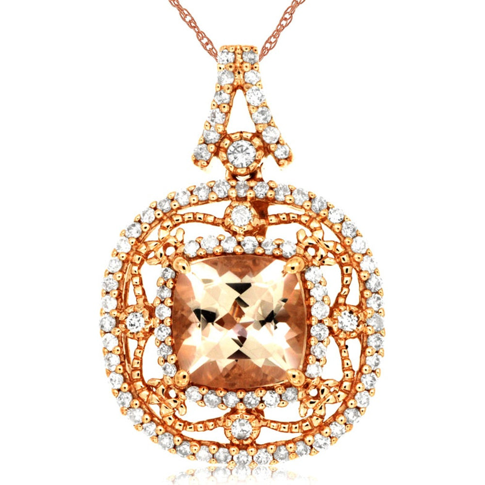 14K Rose Gold Cushion-Cut Morganite and Diamond Halo Pendant with Milgrain Details - 1.30 Carat Morganite and 0.38 Carat Total Diamond Weight - Royal Jewelry