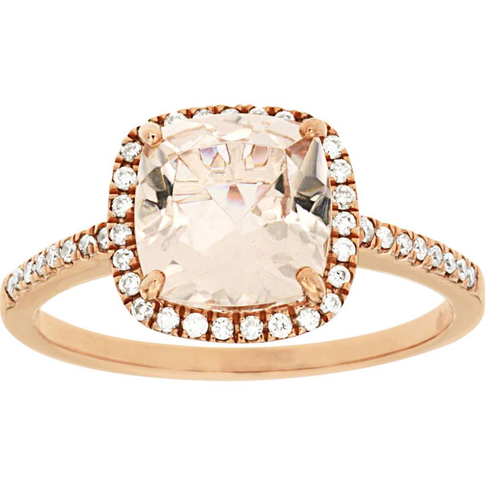 14K Rose Gold Cushion Cut Morganite and Diamond Halo Ring with Diamond Accent Band - 2.00 Carat Morganite and 0.18 Carat Total Diamond Weight - Royal Jewelry