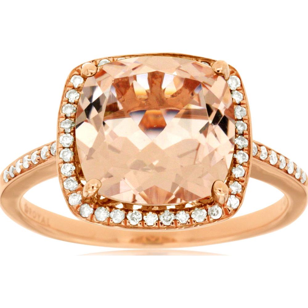 14K Rose Gold Cushion Cut Morganite and Diamond Halo Ring with Milgrain Detail and Diamond Shoulders - 3.50 Carat Morganite, 0.20 Carat Total Diamond Weight - Royal Jewelry