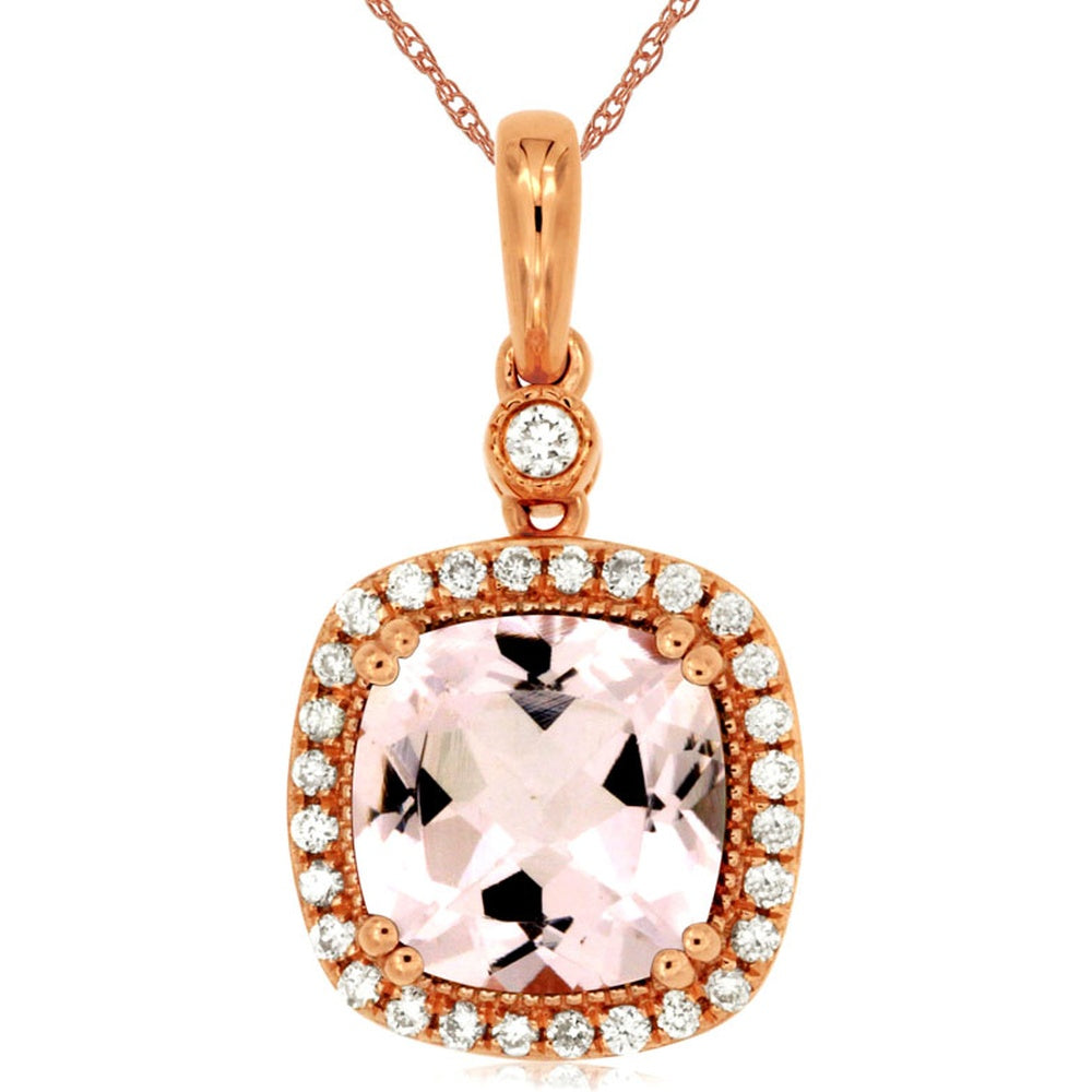 14K Rose Gold Cushion-Cut Morganite Pendant with Diamond Halo and Milgrain Detail - 2.00 Carat Morganite and 0.18 Carat Total Diamond Weight - Royal Jewelry