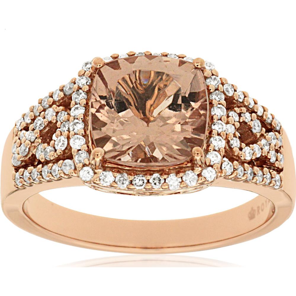 14K Rose Gold Cushion Cut Morganite Ring with Diamond Halo and Diamond Split Shank - 2.00 Carat Morganite & 0.35 Carat Total Diamond Weight - Royal Jewelry