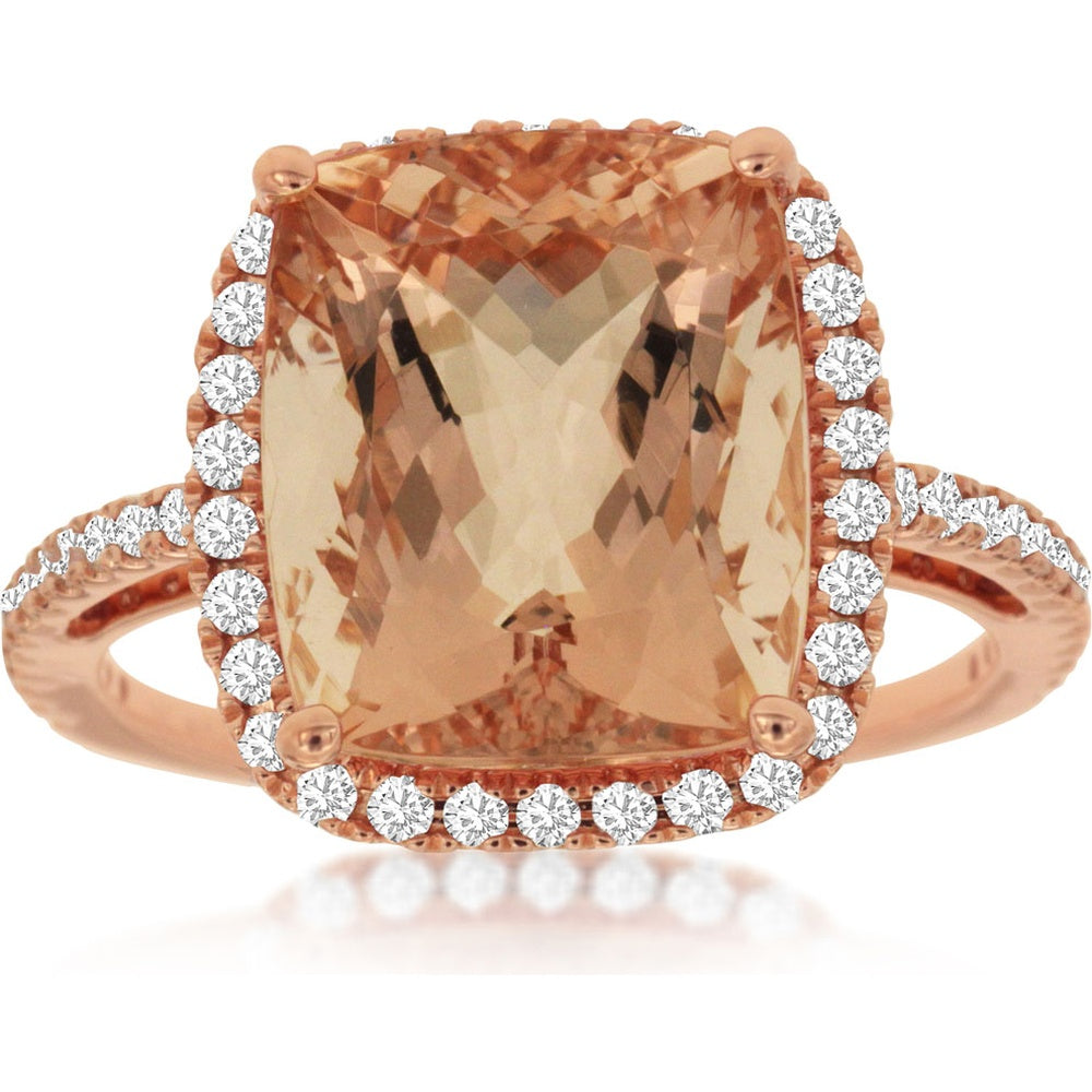 14K Rose Gold Cushion-Cut Morganite Ring with Round Diamond Halo - 4.65 Carat Morganite and 0.38 Carat Total Diamond Weight - Royal Jewelry