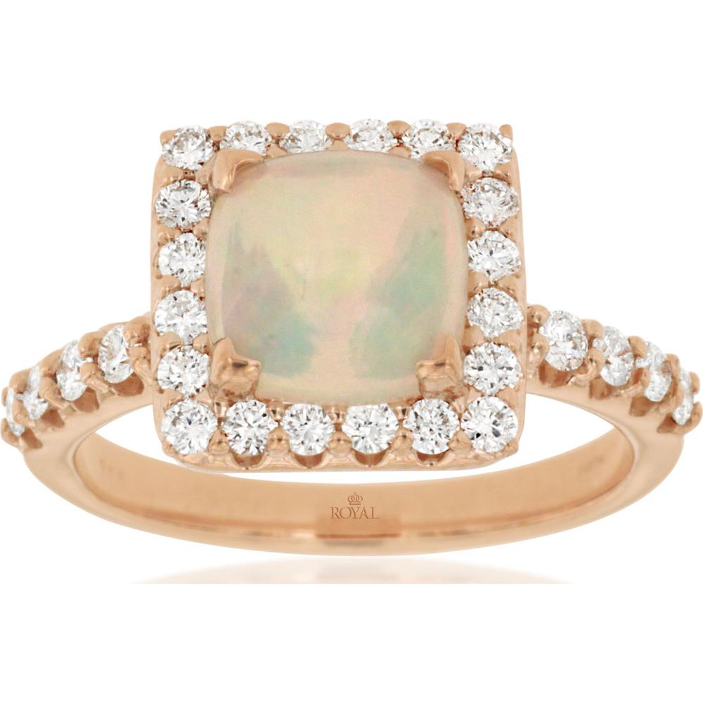 14K Rose Gold Cushion Cut Opal and Diamond Halo Ring with Diamond Accented Band - 1.40 Carat Opal and 0.70 Carat Total Diamond Weight - Royal Jewelry