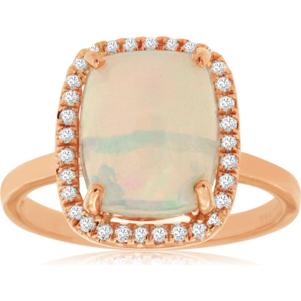 14K Rose Gold Cushion-Cut Opal and Diamond Halo Ring with Milgrain Detail - 2.85 Carat Opal and 0.18 Carat Total Diamond Weight - Royal Jewelry