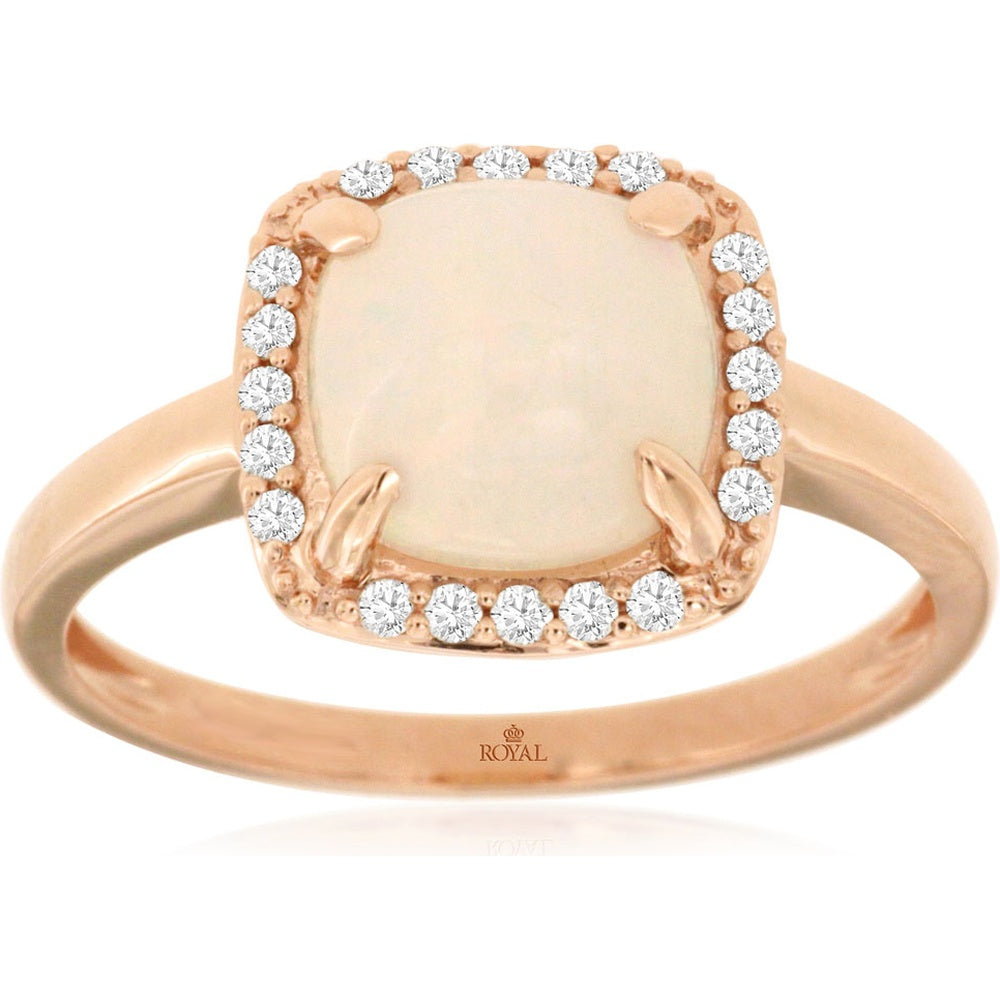 14K Rose Gold Cushion-Cut Opal Halo Ring with Round Diamond Accents - 1.40 Carat Opal and 0.13 Carat Total Diamond Weight - Royal Jewelry