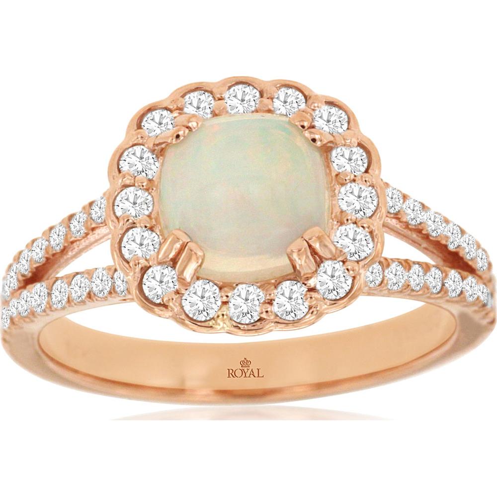 14K Rose Gold Cushion Cut Opal Halo Ring with Round Diamonds and Split Shank - 0.90 Carat Opal & 0.75 Carat Total Diamond Weight - Royal Jewelry