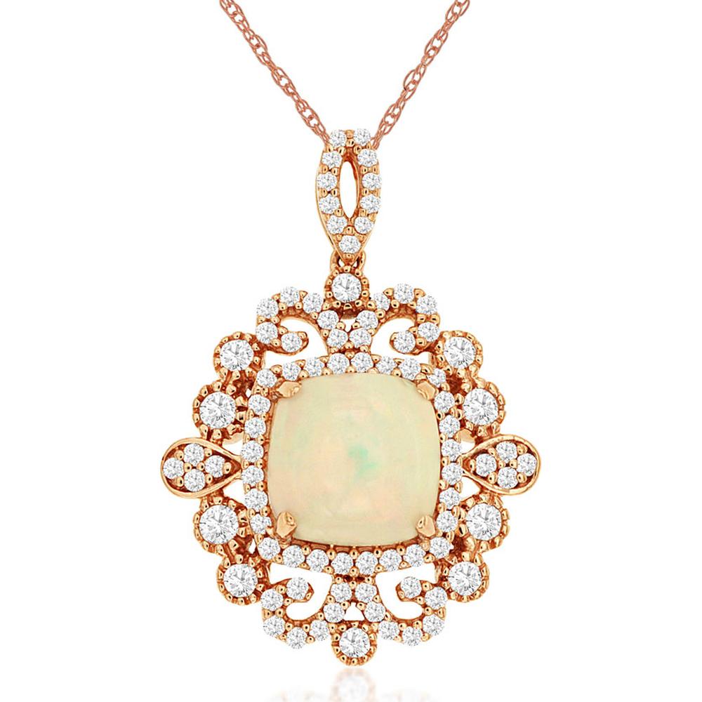 14K Rose Gold Cushion Cut Opal Pendant with Diamond Halo Accents - 1.40 Carat Opal and 0.57 Carat Total Diamond Weight - Royal Jewelry