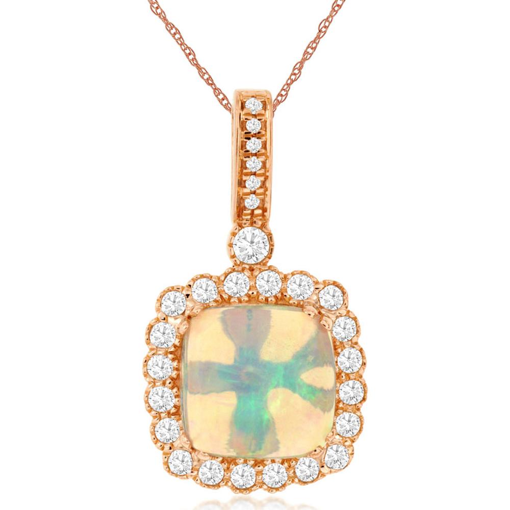 14K Rose Gold Cushion Cut Opal Pendant with Round Diamond Halo and Diamond Bail - 1.70 Carat Opal and 0.37 Carat Total Diamond Weight - Royal Jewelry