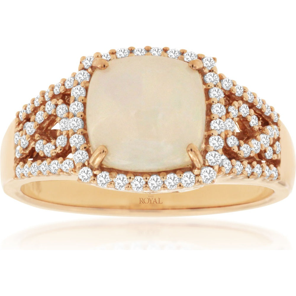 14K Rose Gold Cushion-Cut Opal Ring with Bead-Set Round Diamond Halo - 1.40 Carat Opal and 0.35 Carat Total Diamond Weight - Royal Jewelry