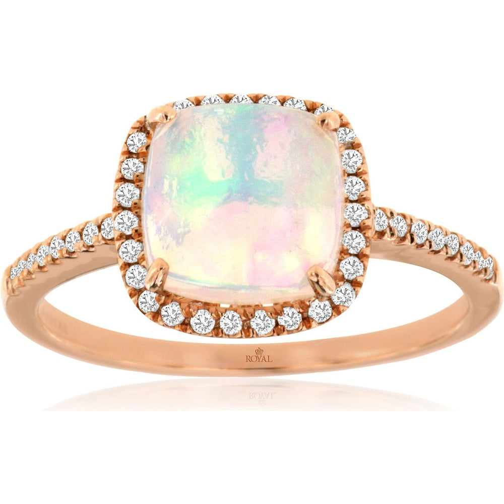 14K Rose Gold Cushion-Cut Opal Ring with Diamond Halo and Pavé-Set Diamond Band - 1.40 Carat Opal and 0.18 Carat Total Diamond Weight - Royal Jewelry