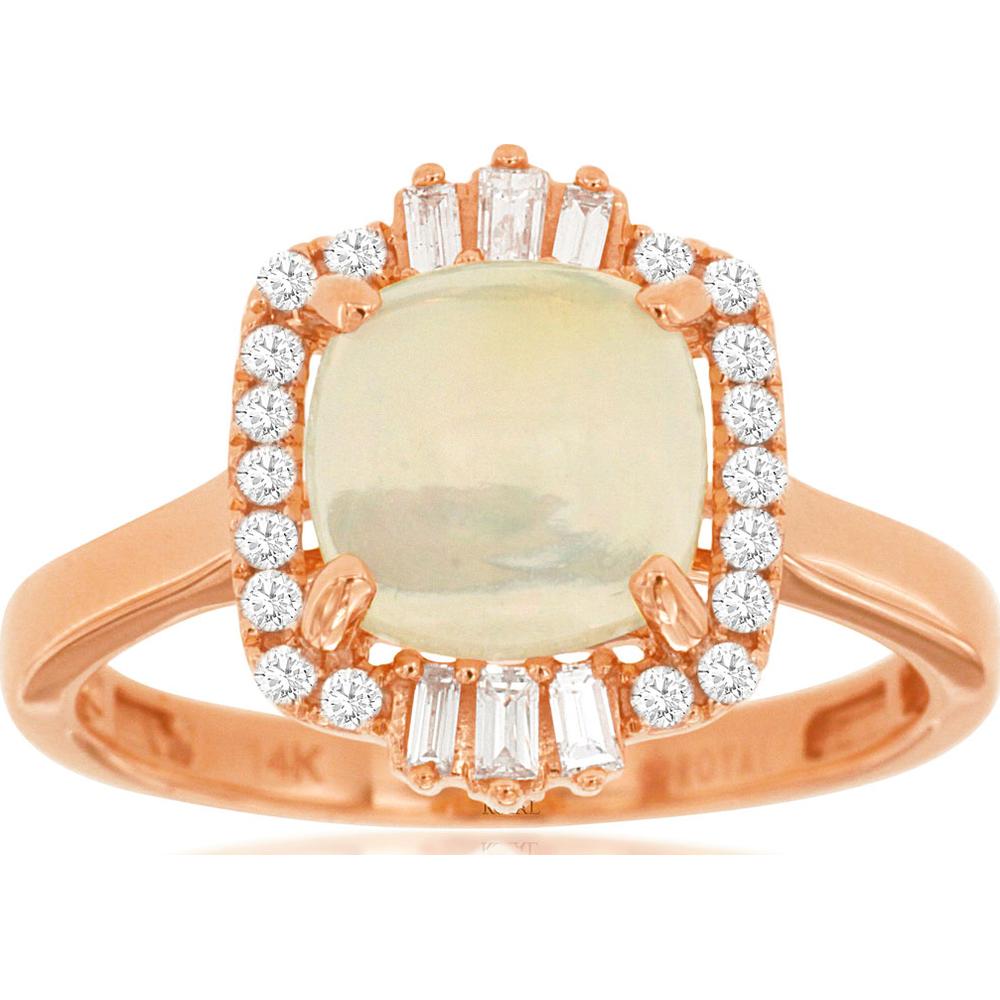 14K Rose Gold Cushion Cut Opal Ring with Round and Baguette Diamond Halo Accents - 1.40 Carat Opal and 0.21 Carat Total Diamond Weight - Royal Jewelry