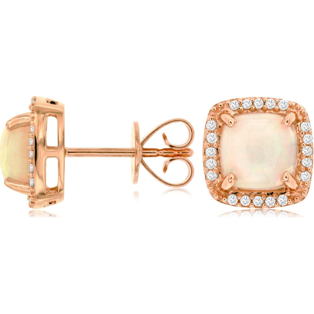 14K Rose Gold Cushion Cut Opal Stud Earrings with Diamond Halo - 1.80 Carat Total Opal Weight & 0.16 Carat Total Diamond Weight - Royal Jewelry