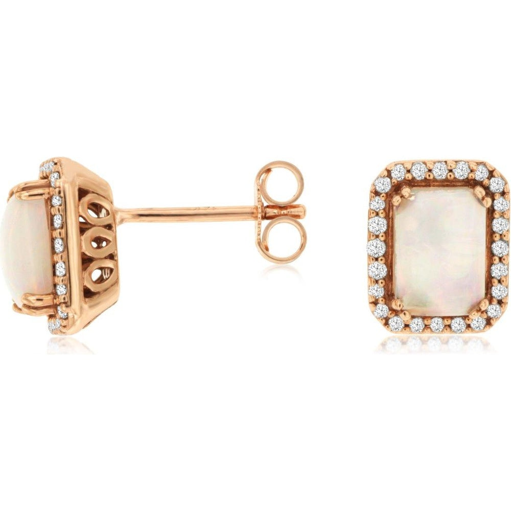 14K Rose Gold Cushion Cut Opal Stud Earrings with Diamond Halo and Milgrain Detail - 1.40 Carat Total Opal Weight and 0.20 Carat Total Diamond Weight - Royal Jewelry