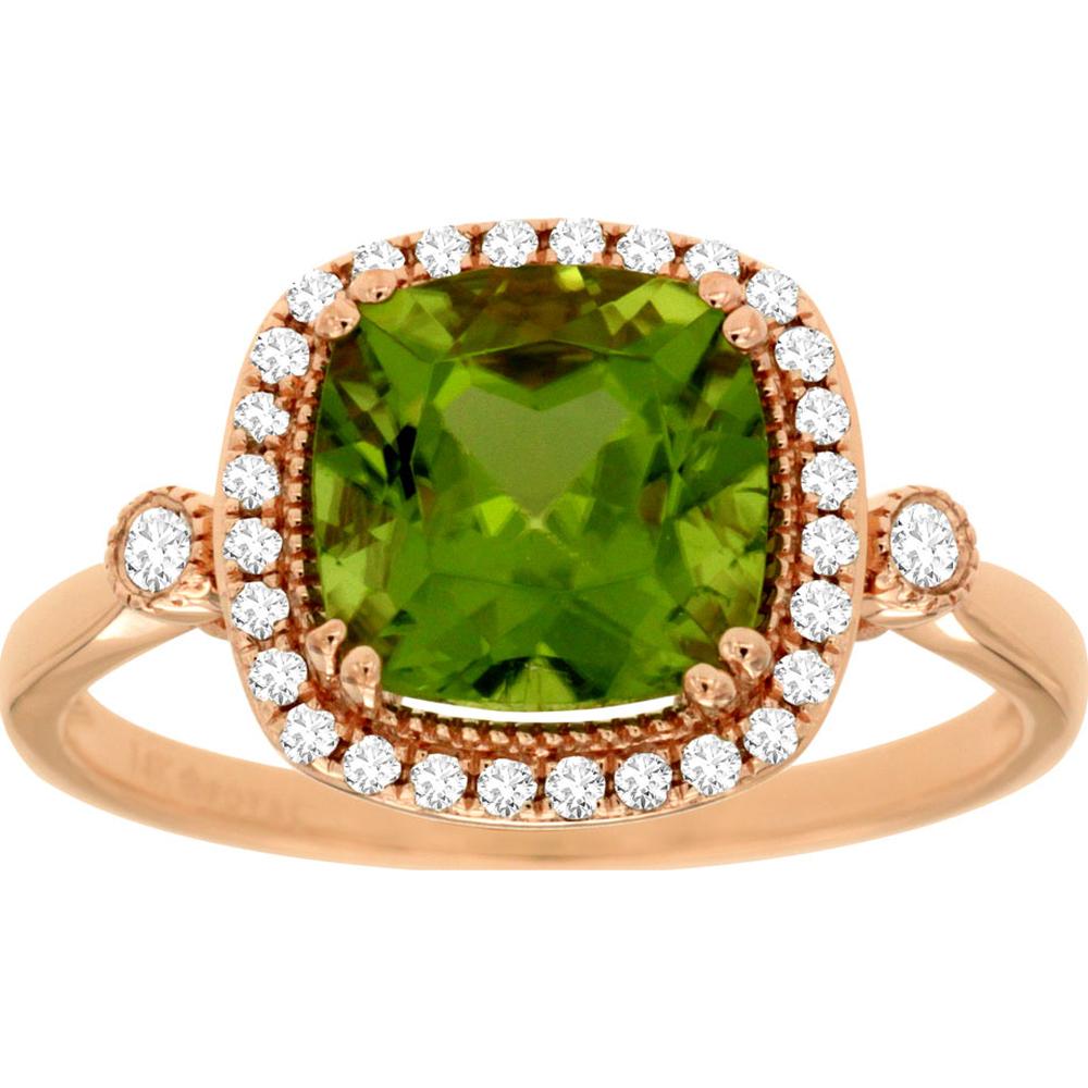14K Rose Gold Cushion Cut Peridot and Diamond Halo Ring with Vintage Milgrain Detail - 2.10 Carat Peridot, 0.18 Carat Total Diamond Weight - Royal Jewelry