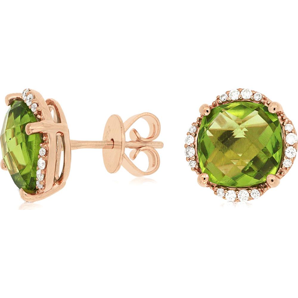 14K Rose Gold Cushion Cut Peridot & Diamond Stud Earrings - 4.30 Carats Total Peridot Weight
