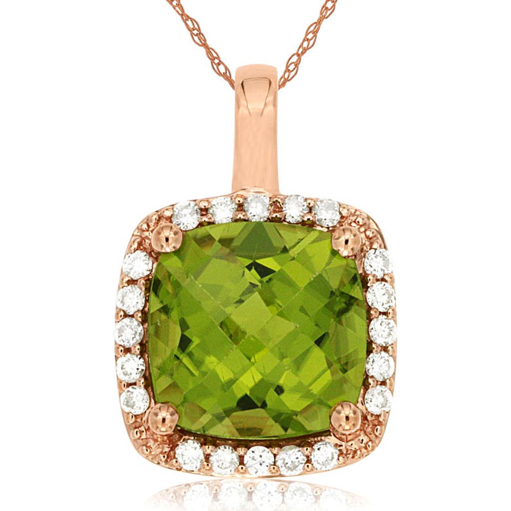 14K Rose Gold Cushion Cut Peridot Halo Pendant with Round Diamonds - 2.10 Carat Peridot and 0.13 Carat Total Diamond Weight - Royal Jewelry