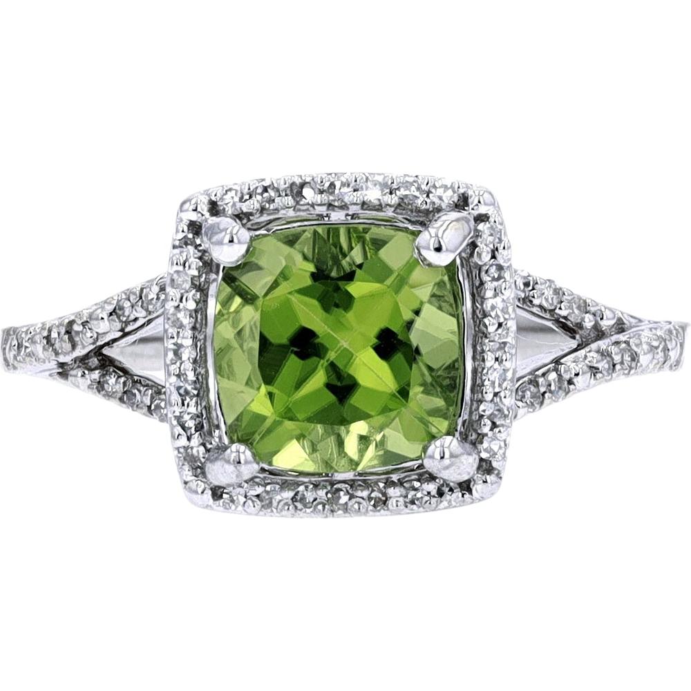 14K Rose Gold Cushion Cut Peridot Ring with Diamond Halo - 0.13 Carats Total Diamond Weight