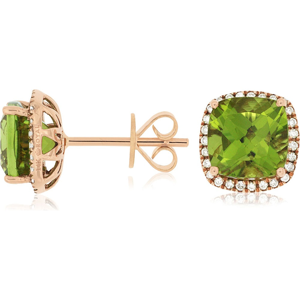 14K Rose Gold Cushion-Cut Peridot Stud Earrings with Diamond Halo - 4.00 Carat Total Peridot Weight and 0.21 Carat Total Diamond Weight - Royal Jewelry
