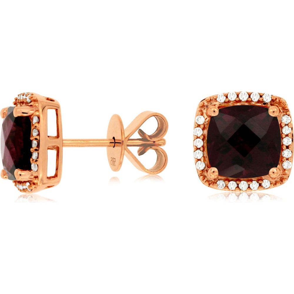 14K Rose Gold Cushion-Cut Rhodolite and Diamond Halo Stud Earrings with Milgrain Detail - 3.80 Carat Total Rhodolite Weight and 0.16 Carat Total Diamond Weight - Royal Jewelry
