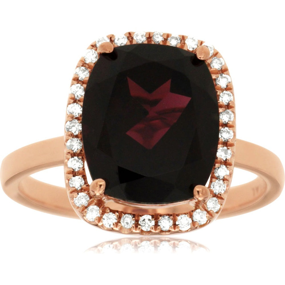 14K Rose Gold Cushion-Cut Rhodolite Halo Ring with Round Diamond Accents - 4.90 Carat Rhodolite and 0.18 Carat Total Diamond Weight - Royal Jewelry