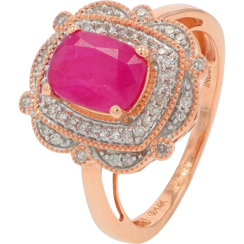 14K Rose Gold Cushion-Cut Ruby Ring with Double-Halo Round Diamonds - 1.00-1.25 Carat Total Ruby Weight and 0.20 Carat Total Diamond Weight