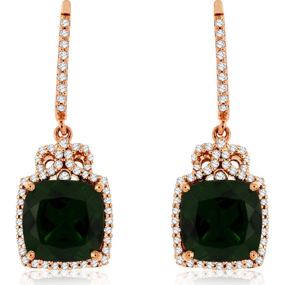14K Rose Gold Cushion Cut Russalite and Diamond Halo Drop Earrings - 4.30 Carat Total Russalite Weight, 0.42 Carat Total Diamond Weight - Royal Jewelry