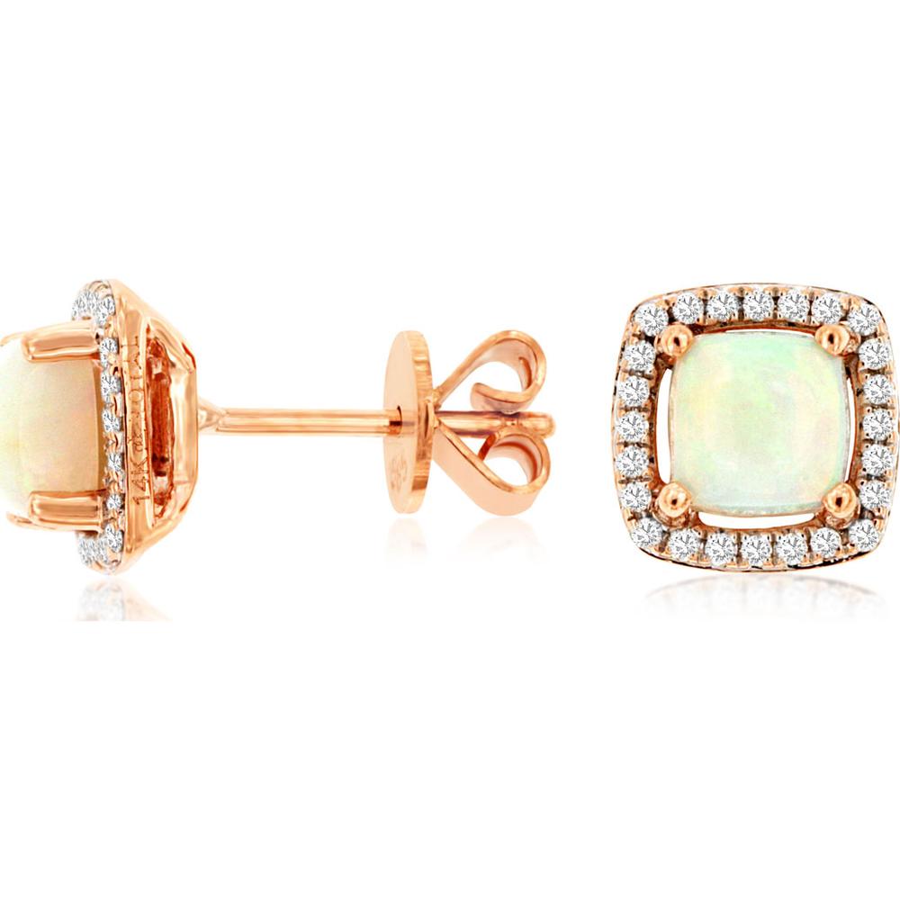 14K Rose Gold Cushion Opal and Diamond Halo Stud Earrings with 0.80 Carat Total Opal Weight and 0.14 Carat Total Diamond Weight - Royal Jewelry