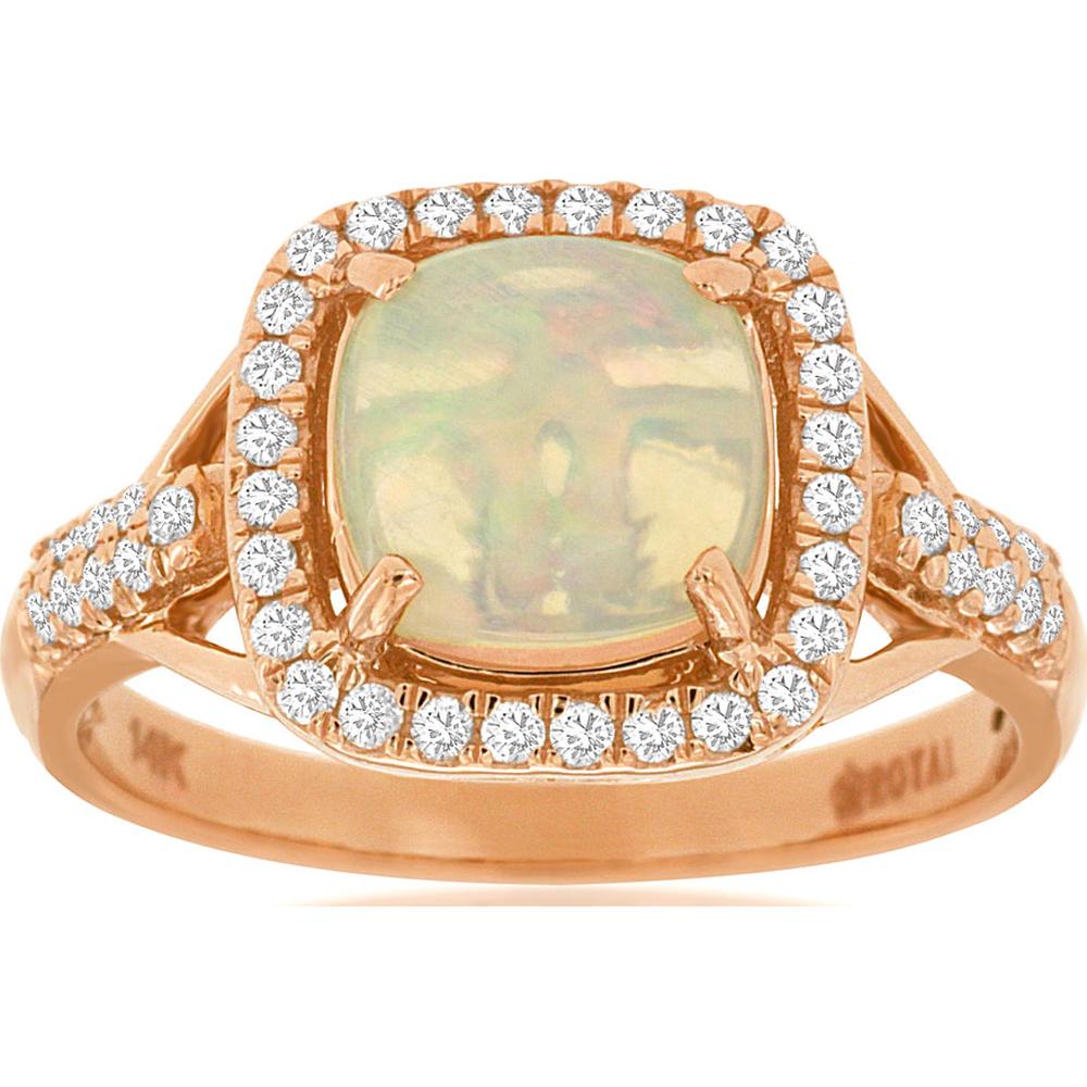 14K Rose Gold Cushion Opal Halo Ring with Round Diamonds on Split Shank - 1.70 Carat Opal and 0.30 Carat Total Diamond Weight - Royal Jewelry