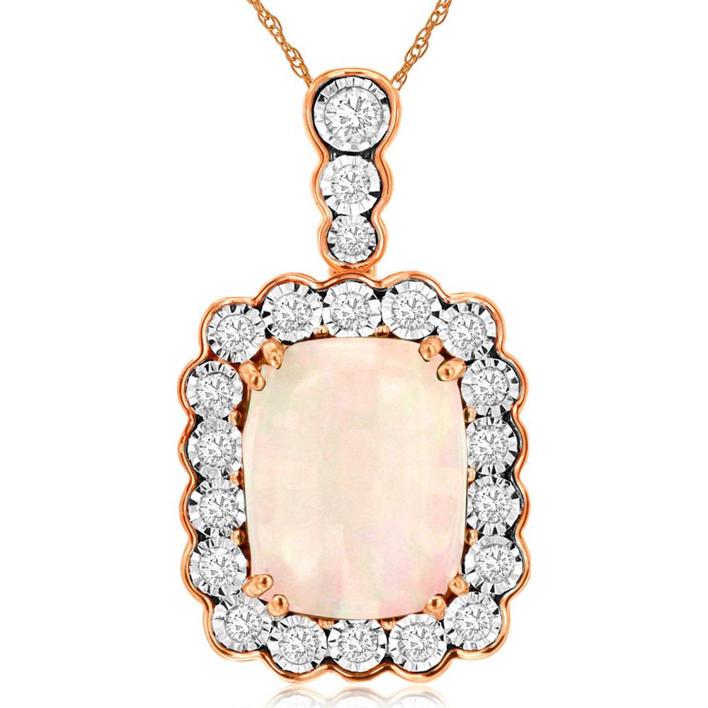 14K Rose Gold Cushion Opal Pendant with Round Diamond Halo - 1.75 Carat Opal & 0.25 Carat Total Diamond Weight - Royal Jewelry