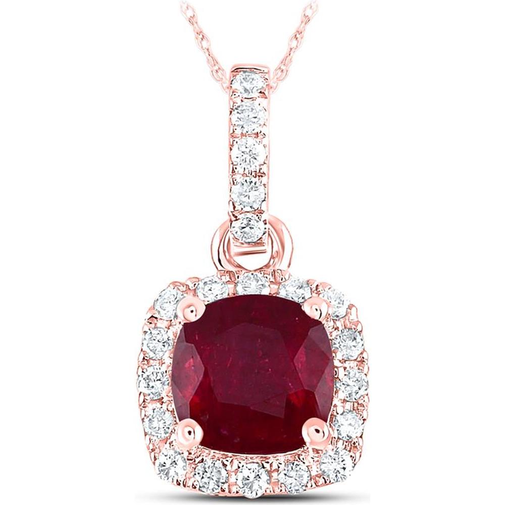 14K Rose Gold Cushion Ruby Solitaire Pendant with Round Diamond Halo - 3/4 Carat Total Gem Weight
