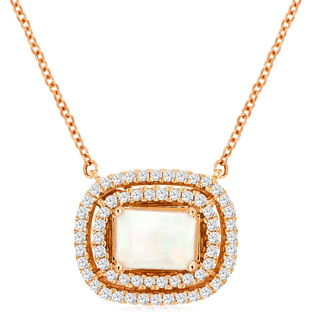 14K Rose Gold Cushion-Shaped Opal Necklace with Double Halo Round Diamonds - 0.70 Carat Opal and 0.33 Carat Total Diamond Weight - Royal Jewelry