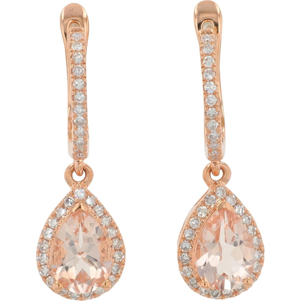14K Rose Gold Dangle Earrings with Pear Shape Morganite and Diamond Halo - 1.34 Carats Morganite & 0.26 Carats Diamond Total Weight