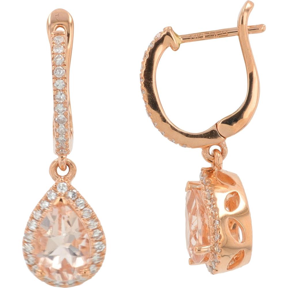 14K Rose Gold Dangle Earrings with Pear Shape Morganite and Diamond Halo - 1.34 Carats Morganite & 0.26 Carats Diamond Total Weight