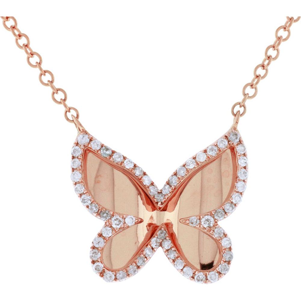 14K Rose Gold Diamond Butterfly Pendant Necklace with Round Brilliant Cut Stones - 0.25 Carat Total Diamond Weight - Royal Jewelry