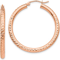 14K Rose Gold Diamond-cut 3mm Round Hoop Earrings - Polished Finish, 35mm Length by 0