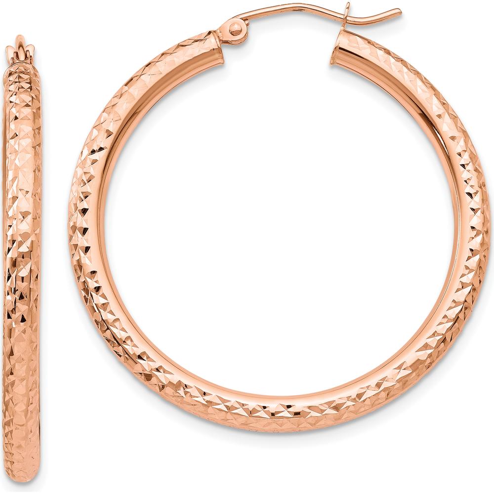14K Rose Gold Diamond-cut 3mm Round Hoop Earrings - Polished Finish, 35mm Length by 0