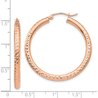 14K Rose Gold Diamond-cut 3mm Round Hoop Earrings - Polished Finish, 35mm Length by 0
