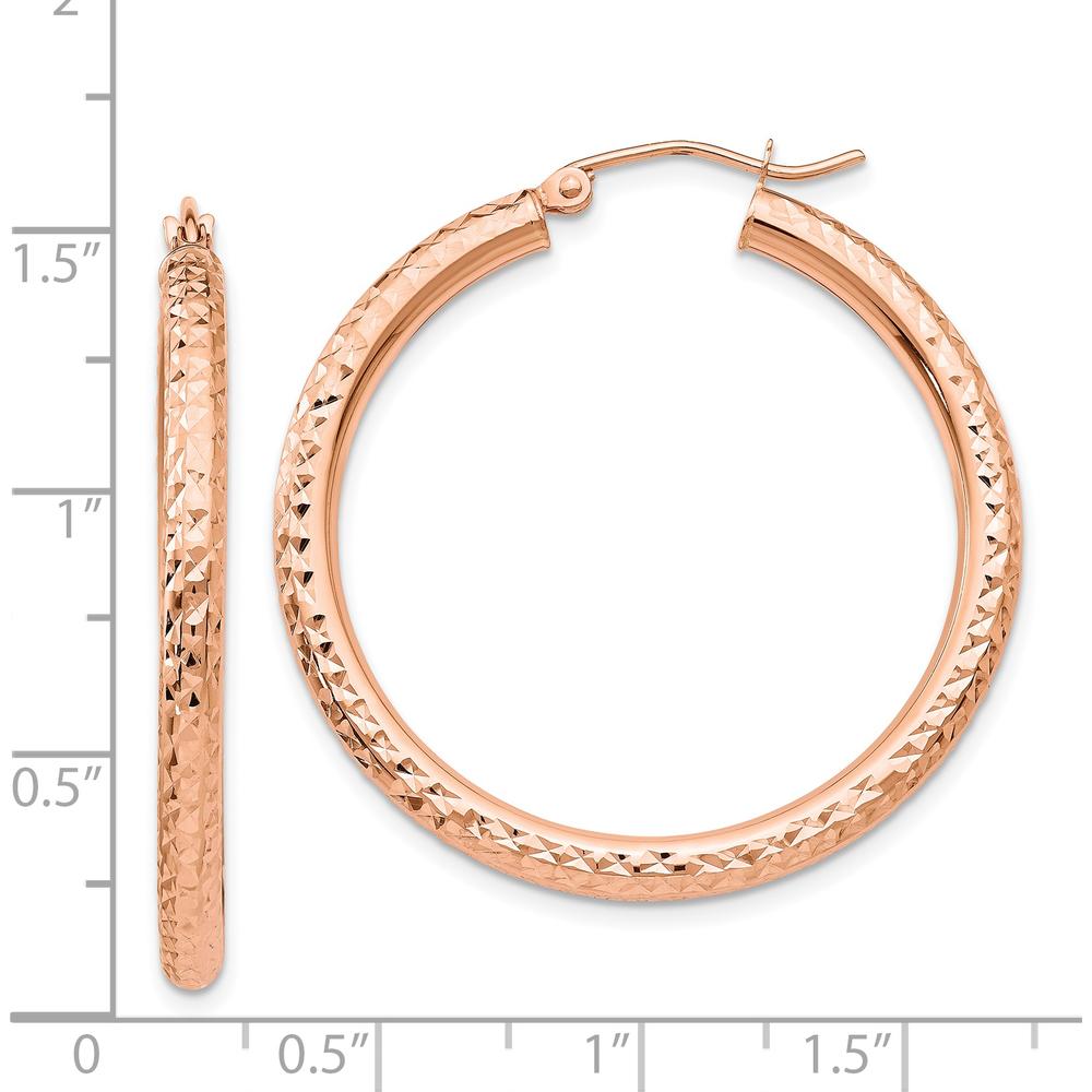 14K Rose Gold Diamond-cut 3mm Round Hoop Earrings - Polished Finish, 35mm Length by 0