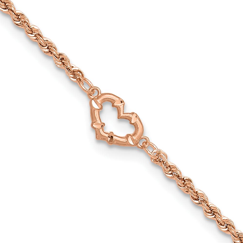 14K Rose Gold Diamond-cut Open Heart and Rope Chain 11" Anklet with Adjustable Lobster Clasp