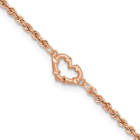 14K Rose Gold Diamond-cut Open Heart and Rope Chain Anklet - 10" Length