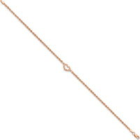 14K Rose Gold Diamond-cut Open Heart and Rope Chain Anklet - 10" Length
