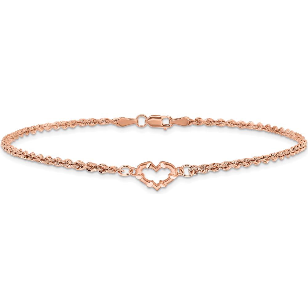 14K Rose Gold Diamond-cut Open Heart and Rope Chain Anklet - 10" Length