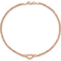 14K Rose Gold Diamond-cut Open Heart and Rope Chain Anklet - 10" Length